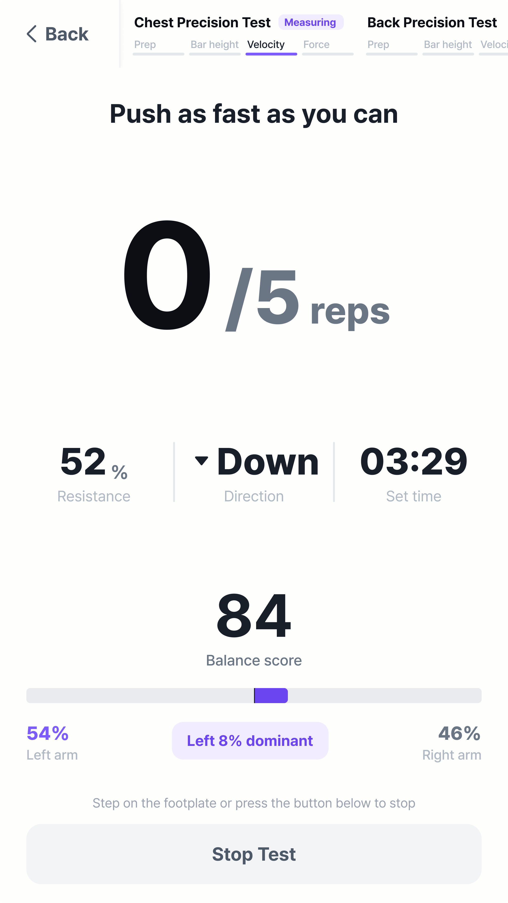 Live measurement screen during Scan and Score test